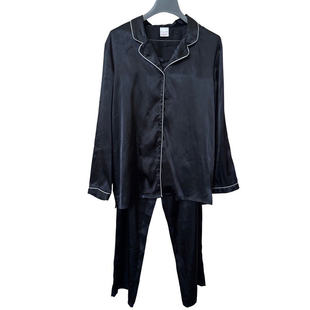 Enchanting Womens Black Satin Pajama Set Long Sleeve Button Down Large L Y2K